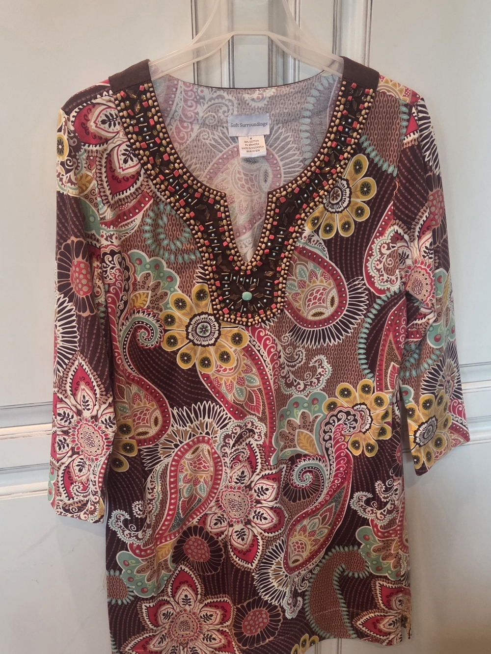 Soft Surroundings Brown Paisley Beaded V-Neck Tunic with Multicolor Accents